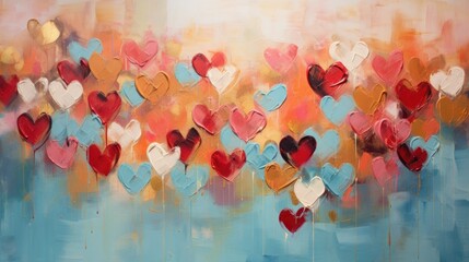 Paining different colorful hearts set. Hand drawn of blue, red, fuzz peach, pink, white colors of hearts
