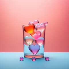 photography of a bunch of hearts squeezed into one glass, pastel background 