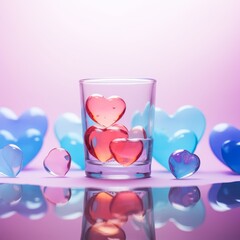 photography of a bunch of hearts squeezed into one glass, pastel background 