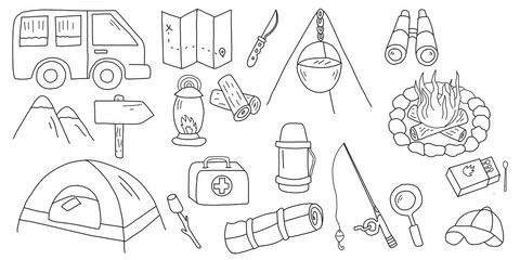 Camping and hiking adventure kit hand drawn illustrations