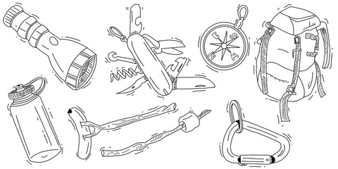 Camping and hiking adventure kit hand drawn illustrations