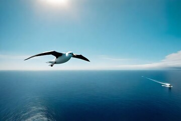 A curious albatross gliding effortlessly over the vast expanse of the open ocean, wings outstretched.