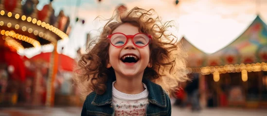 Foto op Canvas portrait shot of happiness cheerful kid toddler children haveing fun celebrate experience at circus theme park amusement festival with bokeh of light confetti and crowd of people happy lifestlye © VERTEX SPACE