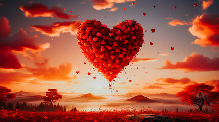 Montgolfière en forme de cœur constituée de multiples cœurs rouges