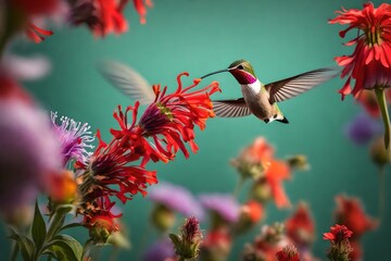 An agile hummingbird hovering mid-air, sipping nectar from a vibrant cluster of flowers.