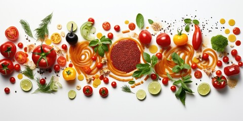 Culinary Canvas - Top View of Vibrant Raw Cherry Tomatoes, Surrounded by an Array of Spices and Macaroni, Creating a Feast for the Eyes on a Clean White Background