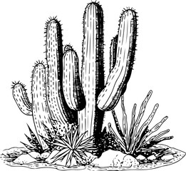 Cactus landscape Vintage Sketch - obrazy, fototapety, plakaty