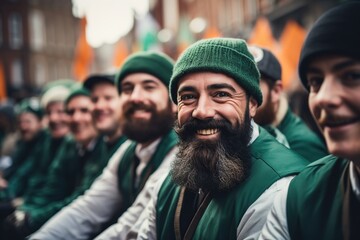 Man wearing green clothes participating in Saint Patrick's Day parade in Irish town. - obrazy, fototapety, plakaty
