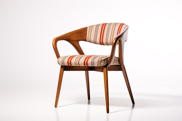 A fabric-and-wooden chair sits alone against a white backdrop, presented from an altered viewpoint.