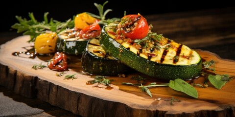 Cedar-Infused Culinary Art - Grilled Zucchini Perfection on a Cedar Plank, Surrounded by a Symphony of Fresh Ingredients