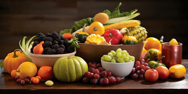 Harvest Delight - Picture a Bowl Overflowing with Fresh Fruits and Vibrant Vegetables, Gracing a Table. A Bountiful Display of Nature's Goodness