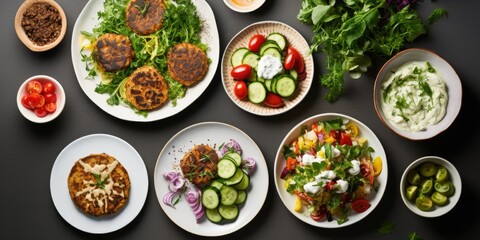 Greek Feast from Above - Savor the Array of Greek Appetizers: Zucchini Fritters with Tzatziki, Crisp Greek Salad, Yogurt with Fresh Fruit and Nuts, Accompanied 