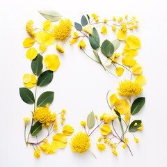 A beautiful masterpiece of yellow blossoms and eucalyptus leaves on white, flat-laid with space for customization.