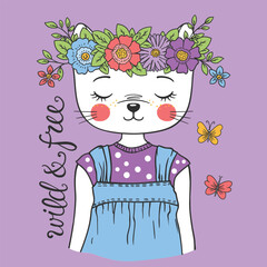 Cute cat girl with floral wreath, butterfly, Wild and Free slogan text for t-shirt graphics, fashion prints, posters and other uses