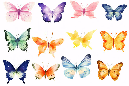 A set of watercolor butterflies, illustrating hues of brilliance, for postcards, invitations, and other design projects.