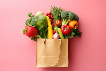 Veganuary inspired grocery shopping, a bag full of vibrant fruits and vegetables on pink surface