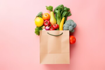 Vegan grocery shopping concept with fresh produce peeking from a paper bag on a pink background