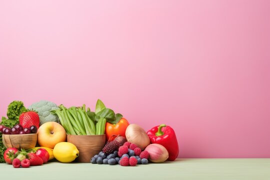 Assorted vegan-friendly fruits and vegetables on a pink surface, ideal for healthy meal prep