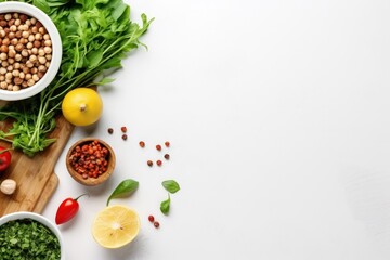 vegan cooking ingredients with chickpeas, lemon, spices on white backdrop, space for text, top view