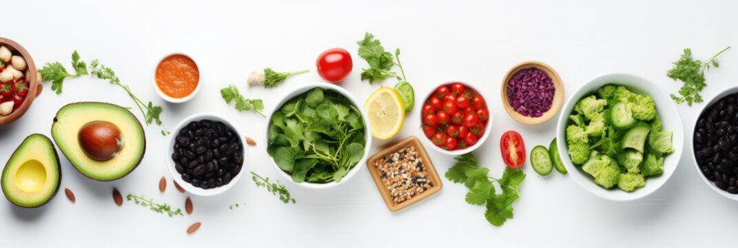 A top-down view of a vegan feast, showcasing a variety of nutritious foods perfect for Veganuary