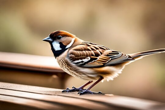 A brown sparrow rests on the edge of a park bench, with selective focus highlighting the intricate details of its feathers and features. 