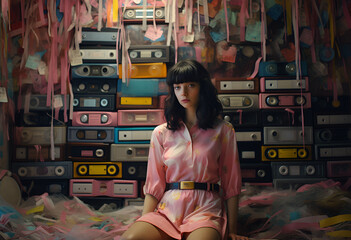 A girl in a room full of old retro tapes