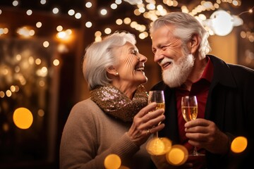 Senior couple drinking champagne and enjoying christmas or new year party - obrazy, fototapety, plakaty