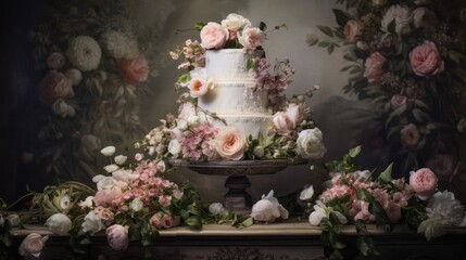  a white wedding cake with pink and white flowers on top of a table with a floral arrangement on the top of the cake and on the bottom of the cake stand.