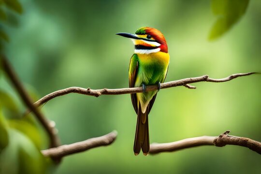A captivating image of a Chestnut-headed Bee-eater (Merops leschenaulti) perched gracefully on a branch, set against the backdrop of a lush and blurred forest.