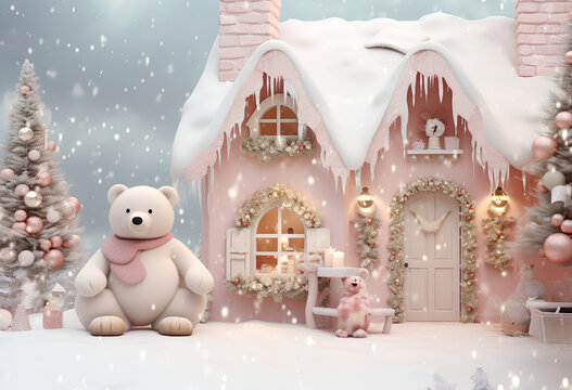 new year concept. teddy bear and decorated house