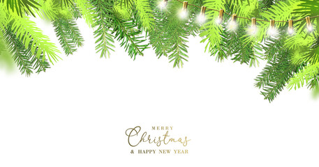 Christmas, 2024 New Year background gold text Merry Christmas and Happy New Year. Xmas tree branches on white background. Horizontal card festive border invitation template. 3D illustration