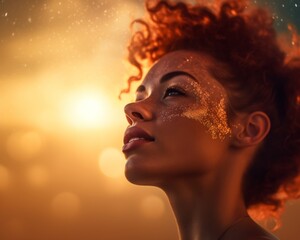 Red-haired girl with gold makeup on a blurred background, bokeh background