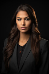 Professional Headshot of Native American Woman in Black Business Suit: Authenticity and Elegance in Corporate Portraiture
