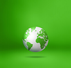 World globe, earth map, isolated on green. Square background