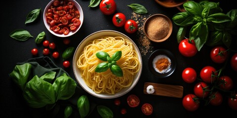 Italian Pasta Mastery - A Top View Unveils all the Essential Components for Crafting a Classic Italian Pasta: Tomatoes, Basil, and Olive Oil