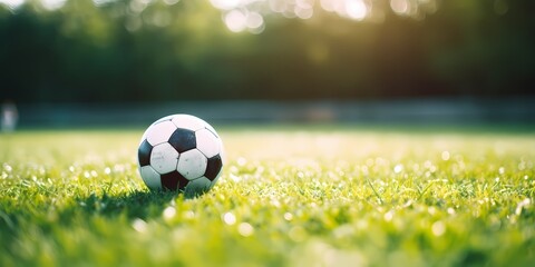 Fototapeta premium Soccer ball on green grass field. Sport and recreation concept - generative ai