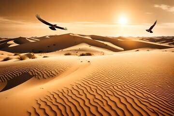 A sun-kissed desert landscape with a pair of majestic falcons soaring against a canvas of warm, swirling sand dunes.