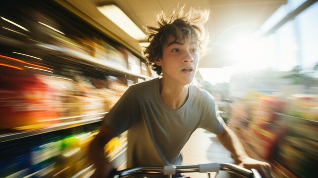 Motion blur, grain, film grain, photography of a boy biking through a supermarket, bright sun