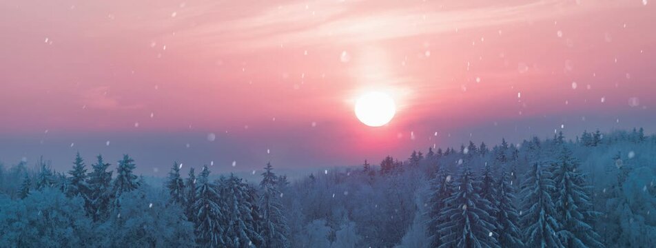 Winter landscape with sunset and falling snowflakes