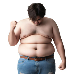 Naklejka premium Motivated Fat man with a big abdomen isolated on white, transparent background.