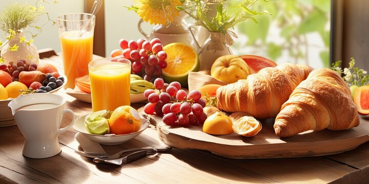 Morning Feast - Behold a Breakfast Table Overflowing with Fresh Fruits, Crusty Bread, and Buttery Croissants