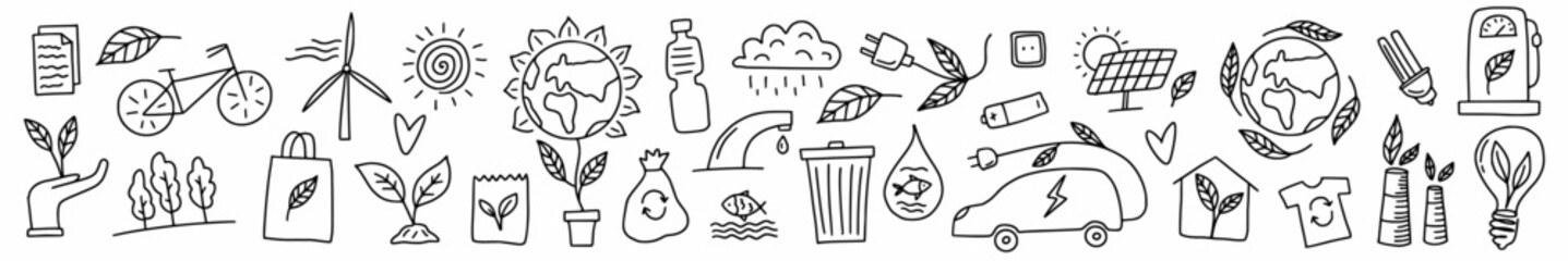 A horizontal collection of environmental symbols and signs drawn by a hand-drawn line in the style of doodles. The concept of saving the planet and energy.