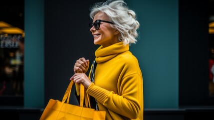 Portrait od stylish woman with shopping bags, complementary colors , full body shot - obrazy, fototapety, plakaty