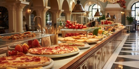 Culinary Extravaganza - Experience the Grandeur from a Top-Down View, where an Enormous Buffet Unfolds, Showcasing a Feast of Delicious Freshly Prepared European Cuisine - obrazy, fototapety, plakaty