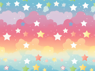 Small stars of various colors scattered randomly on a pastel color background. Tile image and background like clouds.