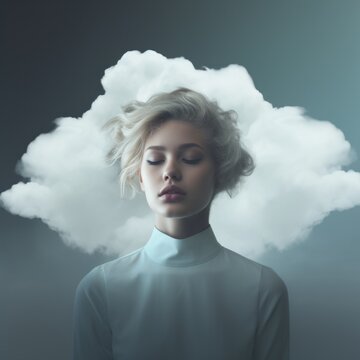 Stormy cloud abowe woman who looking said, minimal background 