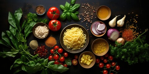 Italian Culinary Palette - From a Top View, Immerse Yourself in the World of Italian Cuisine. On a Dark Rustic Background