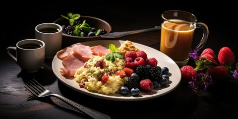 Morning Indulgence - Dive into a Breakfast Spread Featuring Scrambled Eggs, Ham, Berries, and Coffee, Set Against a Dark Background