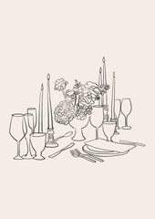 Ilustración estilo boceto de mesa con platos, copas y velas. Arte en líneas negras para imprimir, decorar, diseñar invitaciones, menús, publicaciones - obrazy, fototapety, plakaty