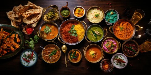 Indian Feast - Behold the Top View of a Dining Table Laden with Authentic Indian Food. Immerse Yourself in the Rich Tapestry of Traditional Indian Cuisine